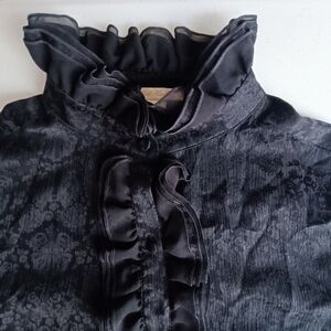 Gold Hawk Y2K Vintage Victorian Elegant Black Ruffled Silk Jaccard Blouse Size S
